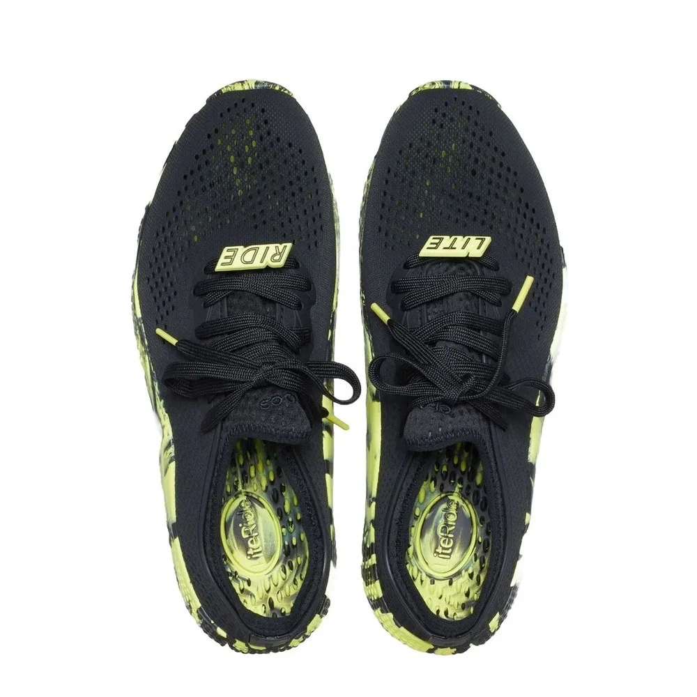 Crocs LiteRide Pacer Mens 7 Sneakers Black‎ Lime Green Marbled Shoes 206011